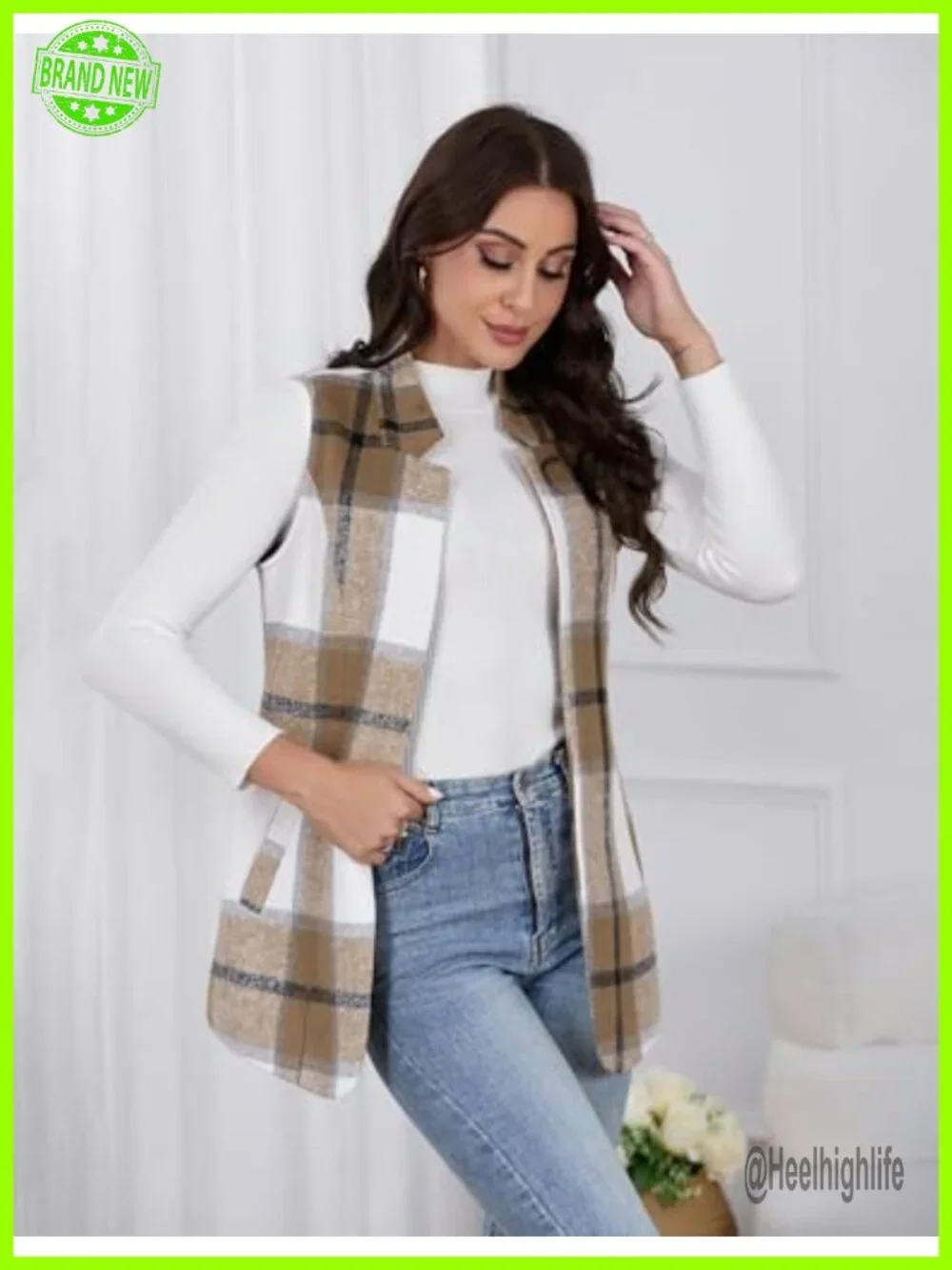 Wool Plaid Sleeveless Blazer Vest Open Front Cardigan
